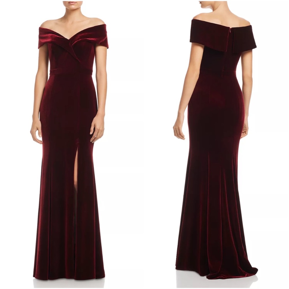 Red Wine Burgundy Velvet Off-Shoulder Fluted Gown
